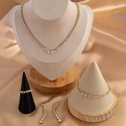 Tibetan Style Jewelry Sets, Stud Earring & finger ring & bracelet & necklace, plated, micro pave cubic zirconia & for woman, gold, Sold By Set