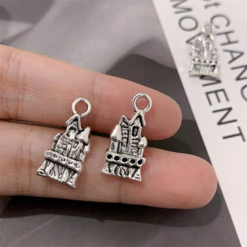 Pendentifs en alliage de zinc, Château, Plaqué de couleur d'argent, DIY, 10x21mm, 100PC/sac, Vendu par sac