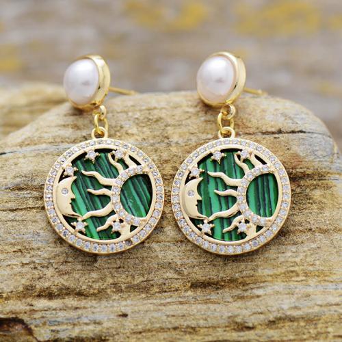 Brass Drop Earring, with Malachite & Plastic Pearl, Round, gold color plated, micro pave cubic zirconia & for woman & hollow, earring length 40-60mm, Sold By Pair