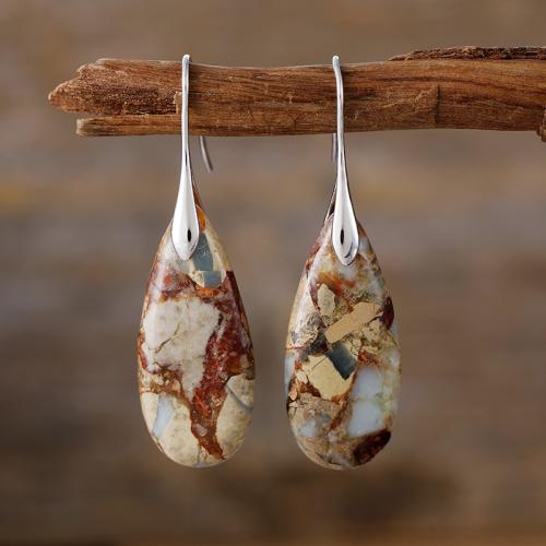 Natural Stone Drop Earring, with Brass, Teardrop, Bohemian style & for woman, more colors for choice, 12x65mm, Sold By Pair