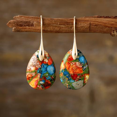 Impression Jasper Drop Earring, with Brass, Teardrop, Bohemian style & for woman, more colors for choice, earring length 40-60mm, Sold By Pair