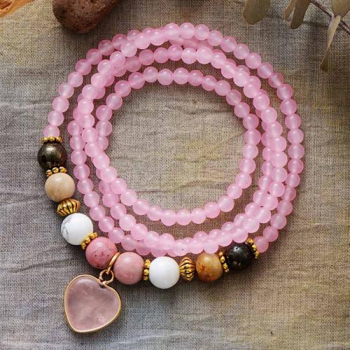 Rose Quartz Necklace, Heart, Bohemian style & for woman, Length:Approx 28-31.5 Inch, Sold By PC