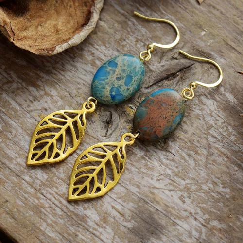 Gemstone Drop Earring, with Brass & Tibetan Style, Leaf, gold color plated, different materials for choice & Unisex & hollow, Sold By PC