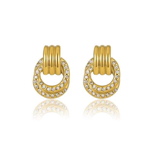 Stainless Steel Stud Earrings, 304 Stainless Steel, fashion jewelry & micro pave cubic zirconia & for woman, golden, 31x21mm, Sold By Pair