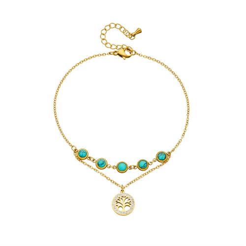 Anklet de acero inoxidable, acero inoxidable 304, con turquesa, con 5cm extender cadena, Joyería & para mujer & con diamantes de imitación, dorado, Vendido para aproximado 21 cm Sarta