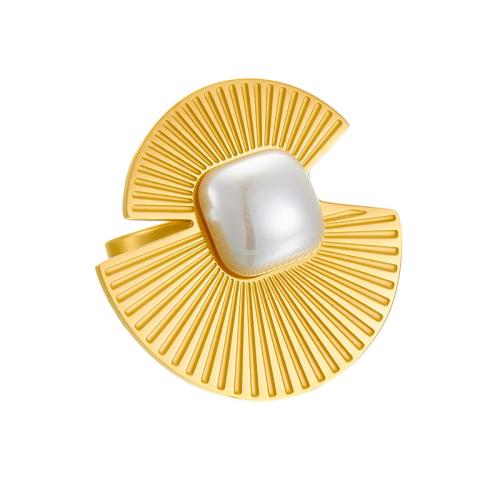 Stainless Steel Finger Ring, 304 Stainless Steel, with Plastic Pearl, fashion jewelry & for woman, golden, Sold By PC