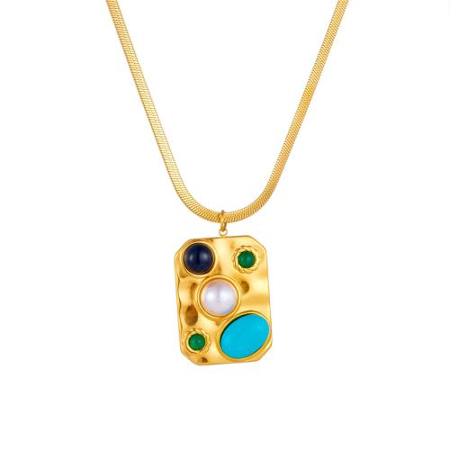 Collier de bijoux en acier inoxydable, Acier inoxydable 304, avec turquoise & perle de plastique, avec 6cm chaînes de rallonge, bijoux de mode & pour femme, doré, 25x34mm, Vendu par Environ 40 cm brin