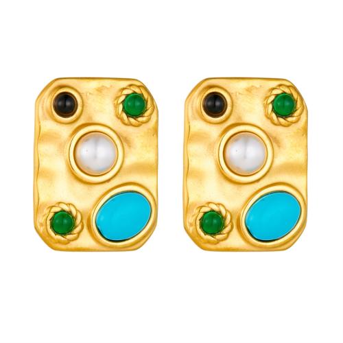 Stainless Steel Stud Earrings, 304 Stainless Steel, with turquoise & Plastic Pearl, fashion jewelry & for woman, golden, 18x24mm, Sold By Pair