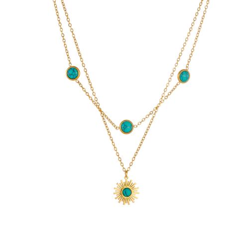 Collier de bijoux en acier inoxydable, Acier inoxydable 304, avec turquoise, avec 6cm chaînes de rallonge, Double couche & bijoux de mode & pour femme, doré, Vendu par Environ 40 cm, Environ 44 cm brin