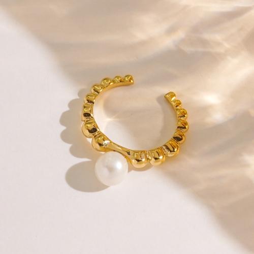 Stainless Steel Finger Ring, 304 Stainless Steel, with Plastic Pearl, gold color plated, for woman, Sold By PC