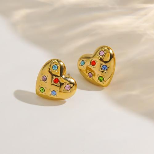 Pendientes de Acero Inoxidable, acero inoxidable 304, Corazón, chapado en color dorado, para mujer & con diamantes de imitación, multicolor, Vendido por Par