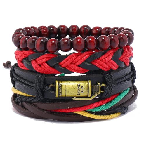 PU Leather Cord Bracelets, with Wax Cord & Wood & Tibetan Style, handmade, 4 pieces & fashion jewelry & for man, mixed colors, Sold By Set