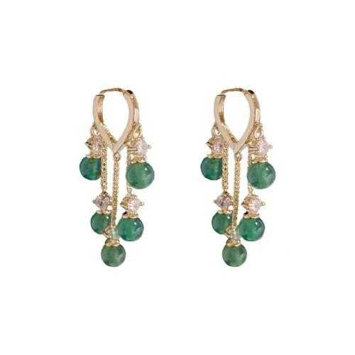 Tibetan Style Drop Earrings, with Gemstone, plated, micro pave cubic zirconia & for woman, golden, 51x22mm, Sold By Pair