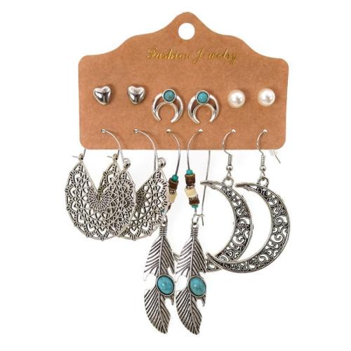 alliage de zinc Boucles d'oreilles, avec turquoise synthétique & perle de plastique, Plaqué de couleur d'argent, Style bohème & styles différents pour le choix & pour femme & émail & creux, Vendu par fixé