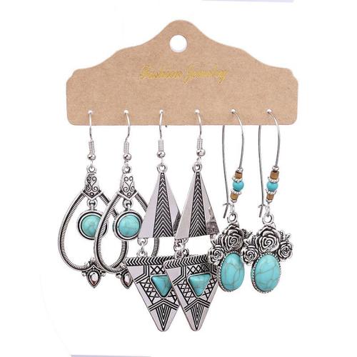 aleación de zinc Aretes, con Turquesa sintético & Nácar, chapado, Estilo bohemio & diferentes estilos para la opción & para mujer & hueco, Vendido por Set