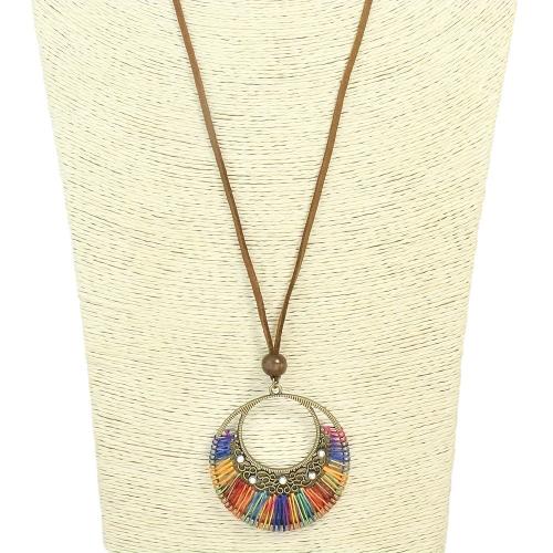 Tibetan Style Necklace, with Cotton Thread & PU Leather & Wood, plated, Bohemian style & for woman & with rhinestone & hollow, more colors for choice, Length:Approx 31.49 Inch, Sold By PC