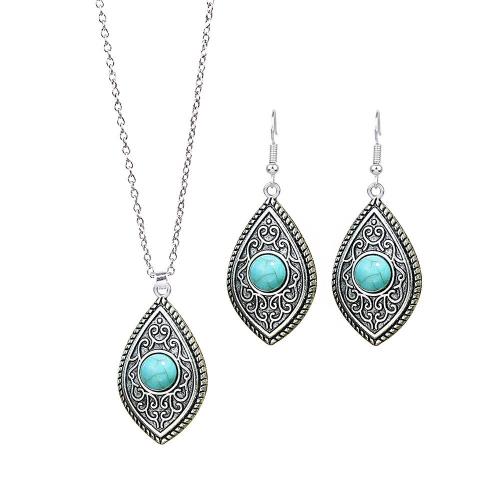 alliage de zinc parure de bijoux, boucle d'oreille & collier, avec turquoise synthétique, Placage, 2 pièces & Style bohème & styles différents pour le choix & pour femme & creux, Vendu par fixé