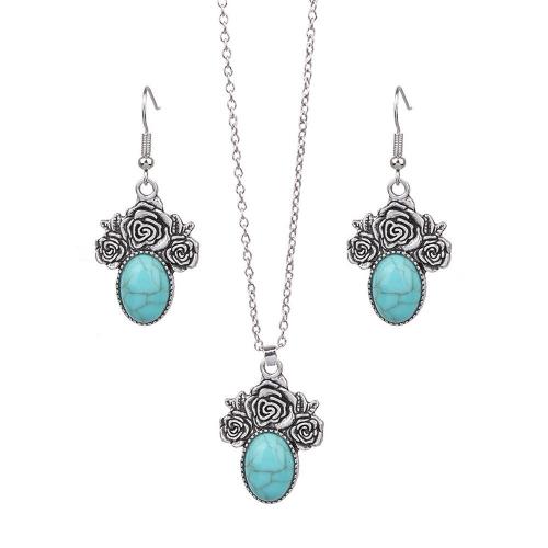 Tibetan Style Jewelry Set, earring & necklace, with Turquoise, plated, 2 pieces & Bohemian style & different styles for choice & for woman & hollow, Sold By Set