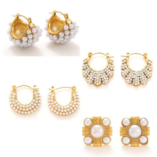 Stainless Steel Stud Earrings, 304 Stainless Steel, with Plastic Pearl, 18K gold plated, fashion jewelry & different styles for choice & for woman & with rhinestone, golden, Sold By Pair