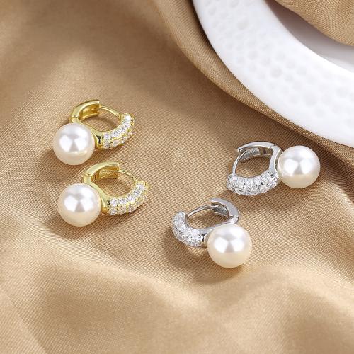 Cubic Zirconia Micro Pave Brass Earring, with Plastic Pearl, fashion jewelry & micro pave cubic zirconia & for woman, more colors for choice, 9mm, Sold By Pair