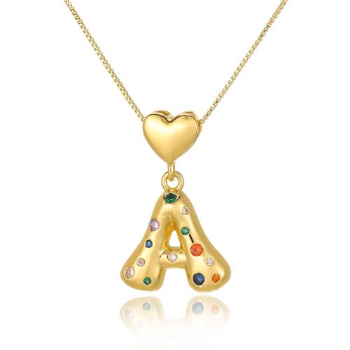 Circón cúbico Micro pavimentar collar de cobre amarillo, metal, Carta del alfabeto, chapado en color dorado, Joyería & Letras son de la A la Z & micro arcilla de zirconia cúbica & para mujer, más colores para la opción, libre de níquel, plomo & cadmio, longitud:aproximado 45 cm, Vendido por UD