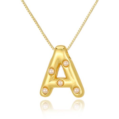 Brass Necklace, with Plastic Pearl, Alphabet Letter, gold color plated, fashion jewelry & letters are from A to Z & for woman, more colors for choice, nickel, lead & cadmium free, Length:Approx 45 cm, Sold By PC