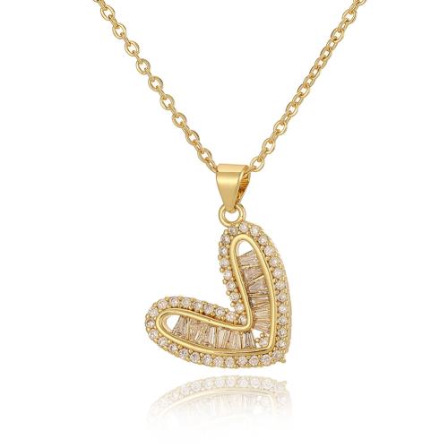 Collier en laiton cubique Zircon Micro Pave, avec 5cm chaînes de rallonge, coeur, Placage de couleur d'or, bijoux de mode & pavé de micro zircon & pour femme, plus de couleurs à choisir, protéger l'environnement, sans nickel, plomb et cadmium, 16.50x24.50mm, Longueur:Environ 45 cm, Vendu par PC