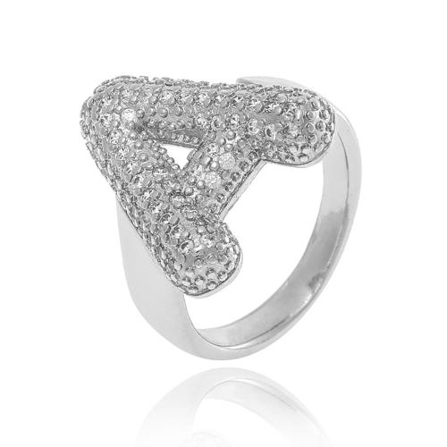 Cubic Zirconia Micro Pave Brass Ring, Alphabet Letter, silver color plated, Adjustable & fashion jewelry & letters are from A to Z & micro pave cubic zirconia & for woman, more colors for choice, nickel, lead & cadmium free, Sold By PC