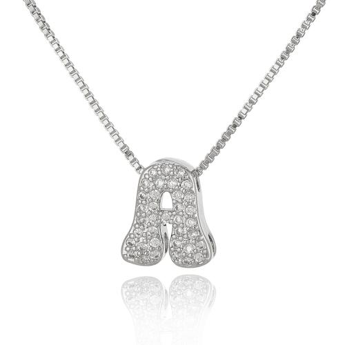 Collier en laiton cubique Zircon Micro Pave, Lettre d’alphabet, Placage de couleur argentée, bijoux de mode & lettres sont de A à Z & pavé de micro zircon & pour femme, plus de couleurs à choisir, protéger l'environnement, sans nickel, plomb et cadmium, Longueur:Environ 45 cm, Vendu par PC