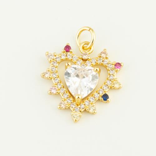 Cubic Zirconia Micro Pave Brass Pendant, Heart, gold color plated, DIY & micro pave cubic zirconia, multi-colored, nickel, lead & cadmium free, 18x17x4mm, Sold By PC