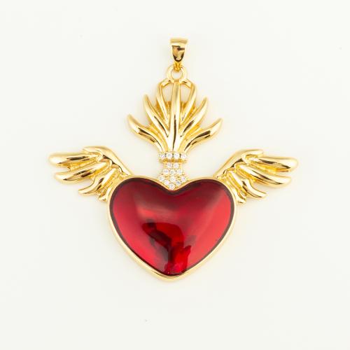 Pendentifs coeur en laiton, avec verre, Placage de couleur d'or, DIY, rouge, protéger l'environnement, sans nickel, plomb et cadmium, 48x43x5mm, Vendu par PC