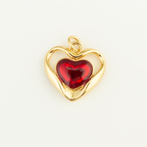 Pendentifs coeur en laiton, avec verre, Placage de couleur d'or, DIY, rouge, protéger l'environnement, sans nickel, plomb et cadmium, 17x17x4mm, Vendu par PC