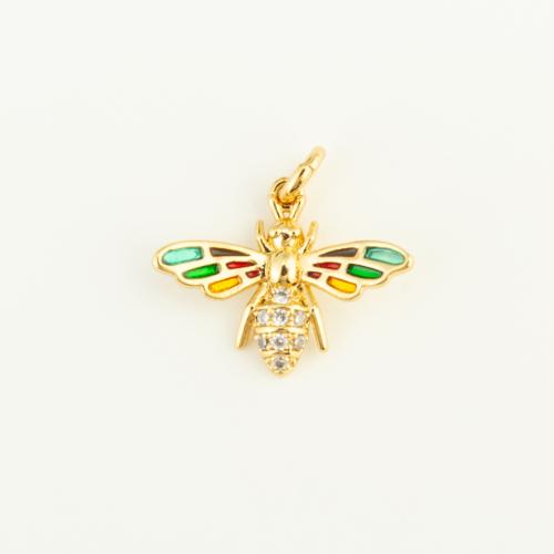 Cubique Pendentif en laiton zircon pavent, avec verre, abeille, Placage de couleur d'or, DIY & pavé de micro zircon & émail, protéger l'environnement, sans nickel, plomb et cadmium, 15x12x4mm, Vendu par PC