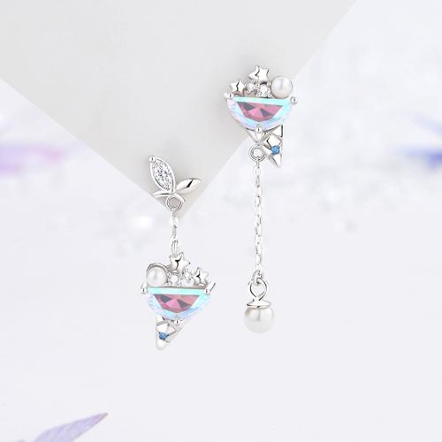 Argent sterling 925 Boucles d'oreilles asymétriques, avec verre & perle de plastique, crème glacée, Plaqué de platine, pavé de micro zircon & pour femme, left earring size 9x24.2mm, right earring size 9x33mm, Vendu par paire