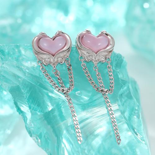 925 Sterling Silver Drop Earring, with Glass, Heart, platinum plated, fashion jewelry & for woman, 10.70x31.30mm, Sold By Pair