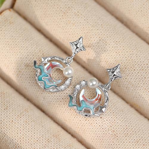 Argent sterling 925 Boucle d'oreille goutte, avec verre & perle de plastique, Lune et Etoile, Plaqué de platine, pavé de micro zircon & pour femme & émail, 12x19.50mm, Vendu par paire