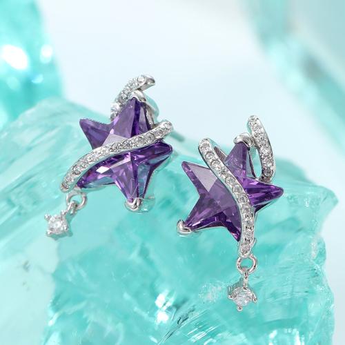 925 Sterling Silver Drop Earring Star platinum plated micro pave cubic zirconia & for woman Sold By Pair