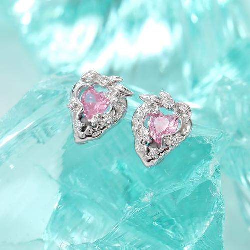 925 Sterling Silver Stud Earring Strawberry micro pave cubic zirconia & for woman & hollow silver color Sold By Pair