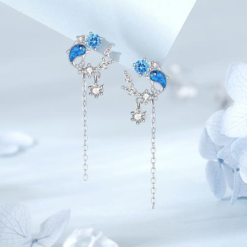 925 Sterling Silver Drop Earring Dolphin platinum plated micro pave cubic zirconia & for woman & enamel Sold By Pair