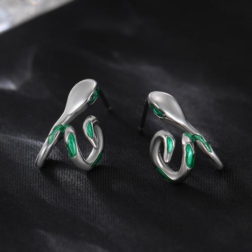 925 Sterling Silver Stud Earring Snake platinum plated micro pave cubic zirconia & for woman & enamel Sold By Pair