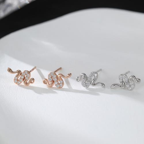 925 Sterling Silver Stud Earring, Snake, micro pave cubic zirconia & for woman, more colors for choice, 11.10x7mm, Sold By Pair