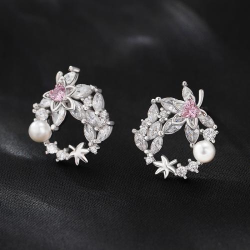 925 Sterling Silver Stud Earring with Plastic Pearl Maple Leaf platinum plated micro pave cubic zirconia & for woman & hollow Sold By Pair