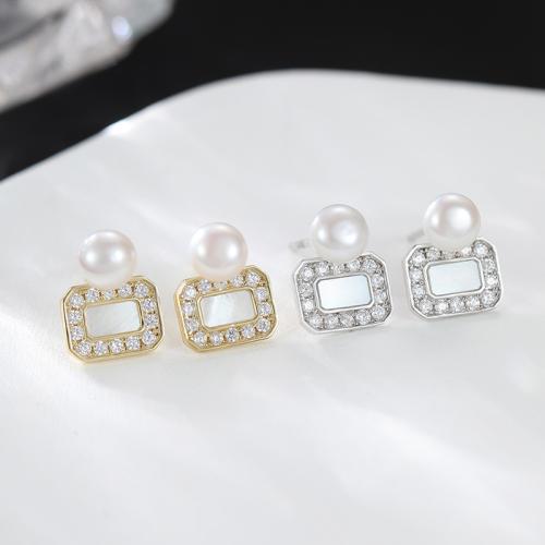 925 Sterling Silver Stud Earring, with White Shell & Freshwater Pearl, Perfume Bottle, micro pave cubic zirconia & for woman, more colors for choice, 9.10x11.60mm, Sold By Pair