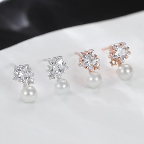 925 Sterling Silver Stud Earring, with Plastic Pearl, Star, micro pave cubic zirconia & for woman, more colors for choice, 5.20x9.30mm, Sold By Pair