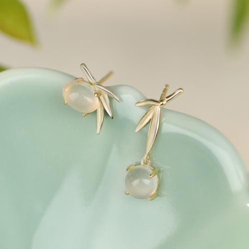 925 Sterling Silver Asymmetric Earrings, with White Chalcedony, Leaf, gold color plated, fashion jewelry & for woman, long earring size 6x21mm, short earring size 13x10mm, Sold By Pair