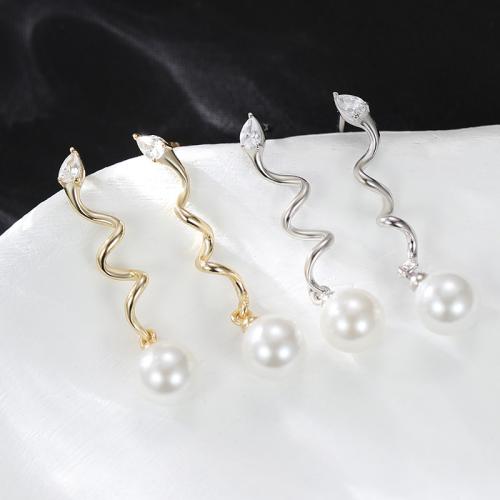 925 Sterling Silver Drop Earring, with Plastic Pearl, Snake, micro pave cubic zirconia & for woman, more colors for choice, 6.10x27.80mm, Sold By Pair