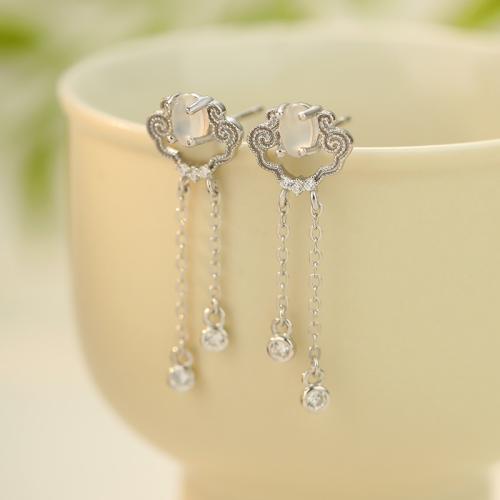 925 Sterling Silver Tassel Earring, with White Chalcedony, Longevity Lock, platinum plated, micro pave cubic zirconia & for woman & hollow, 10.30x29.90mm, Sold By Pair