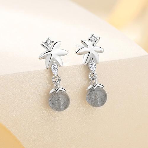 925 Sterling Silver Drop Earring with Moonstone Maple Leaf platinum plated micro pave cubic zirconia & for woman Sold By Pair