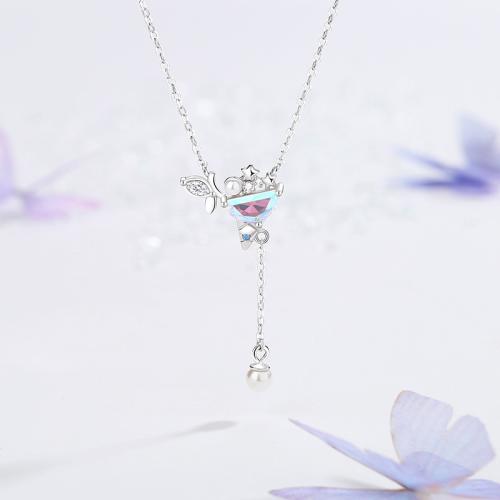 Argent sterling 925 collier, avec verre & perle de plastique, avec 2inch chaînes de rallonge, crème glacée, Plaqué de platine, chaîne ovale & pavé de micro zircon & pour femme, Longueur:Environ 15.7 pouce, Vendu par PC