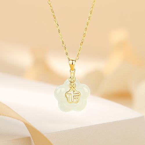 925 Sterling Silver Necklace, with Hetian Jade, with 2inch extender chain, Flower, gold color plated, oval chain & for woman & hollow, Length:Approx 15.7 Inch, Sold By PC